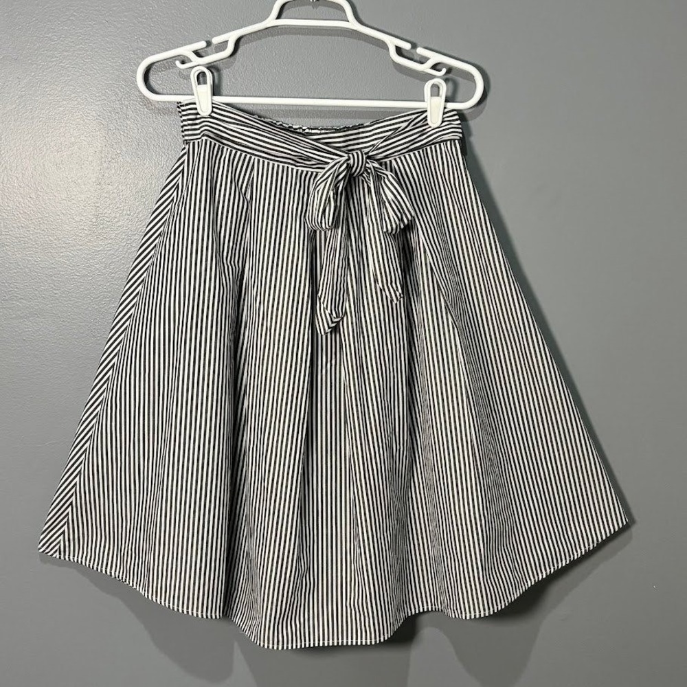 See You Monday Skirt Womens L Black White Cotton Stripe Tie Front A-Line Classic